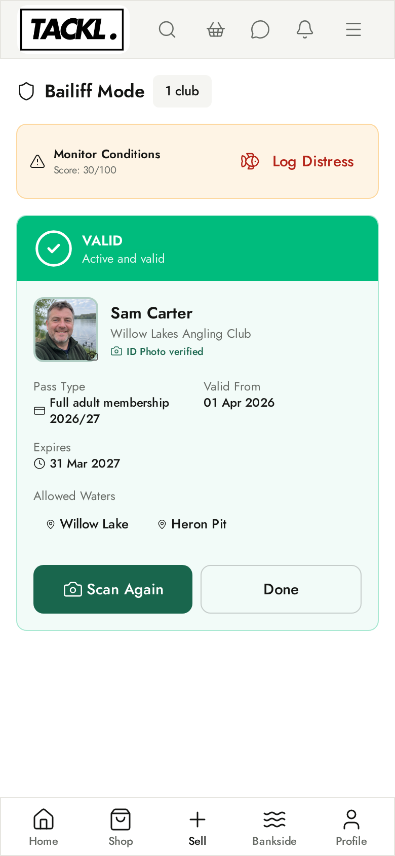 Bailiff scanner result showing a valid member with photo