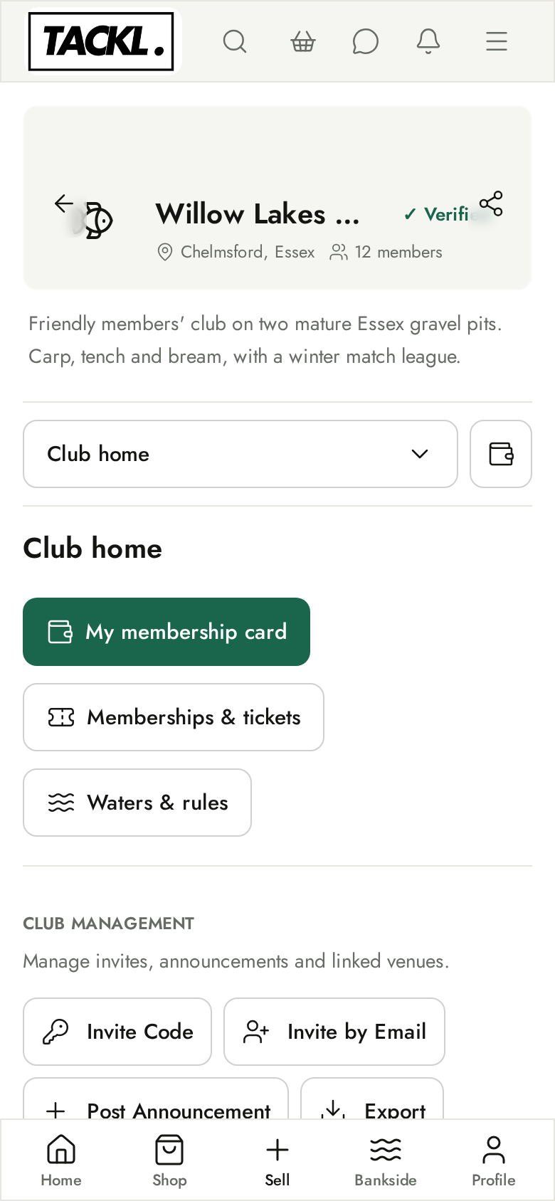 Clubside club home screen on a phone