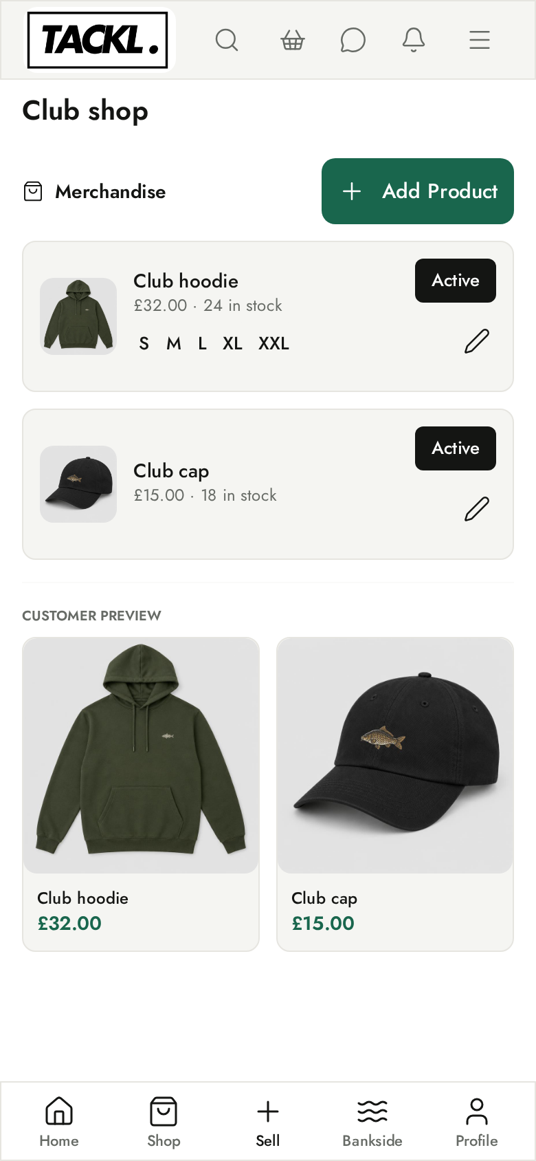 Club shop with merchandise in the app