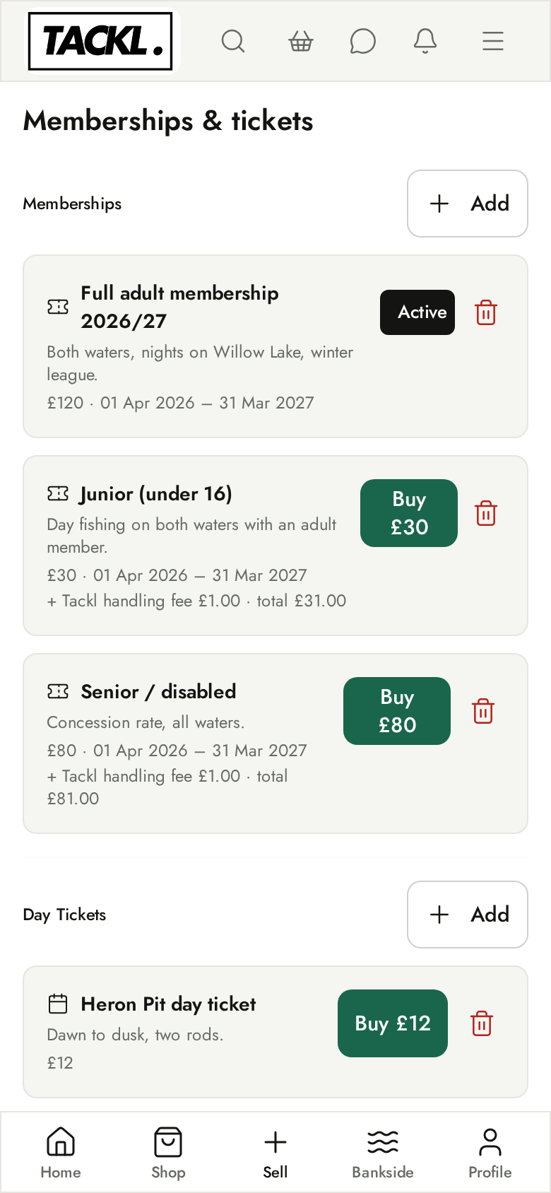 Fishery dashboard with day tickets set up